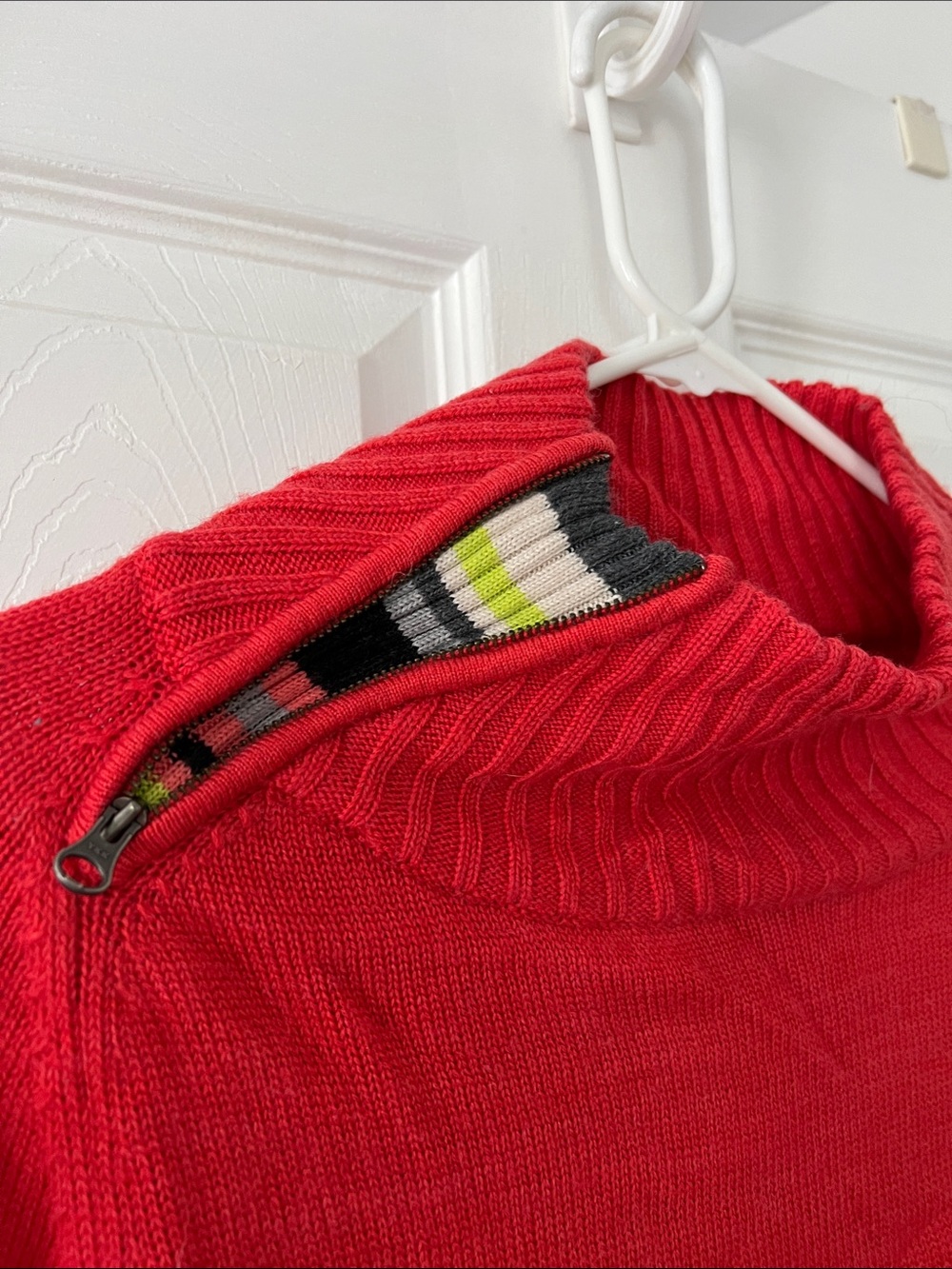 Red Ribbed Turtleneck Sweater with Arm Stripe - Picture 6 of 7